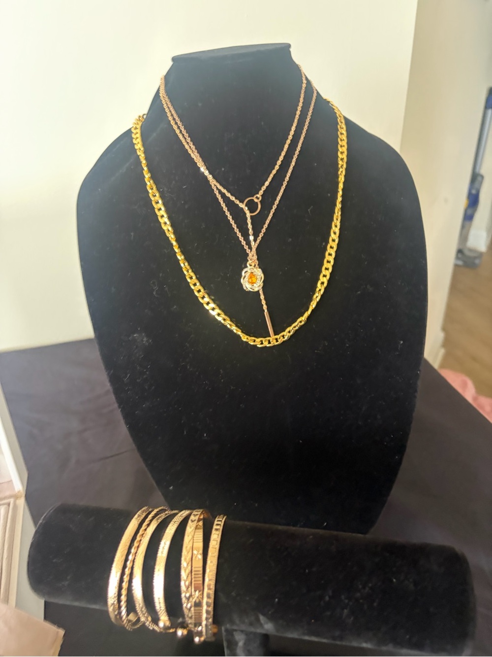 Gold Tone Jewelry Lot - Layered Necklaces, Rings & Bangle Stack